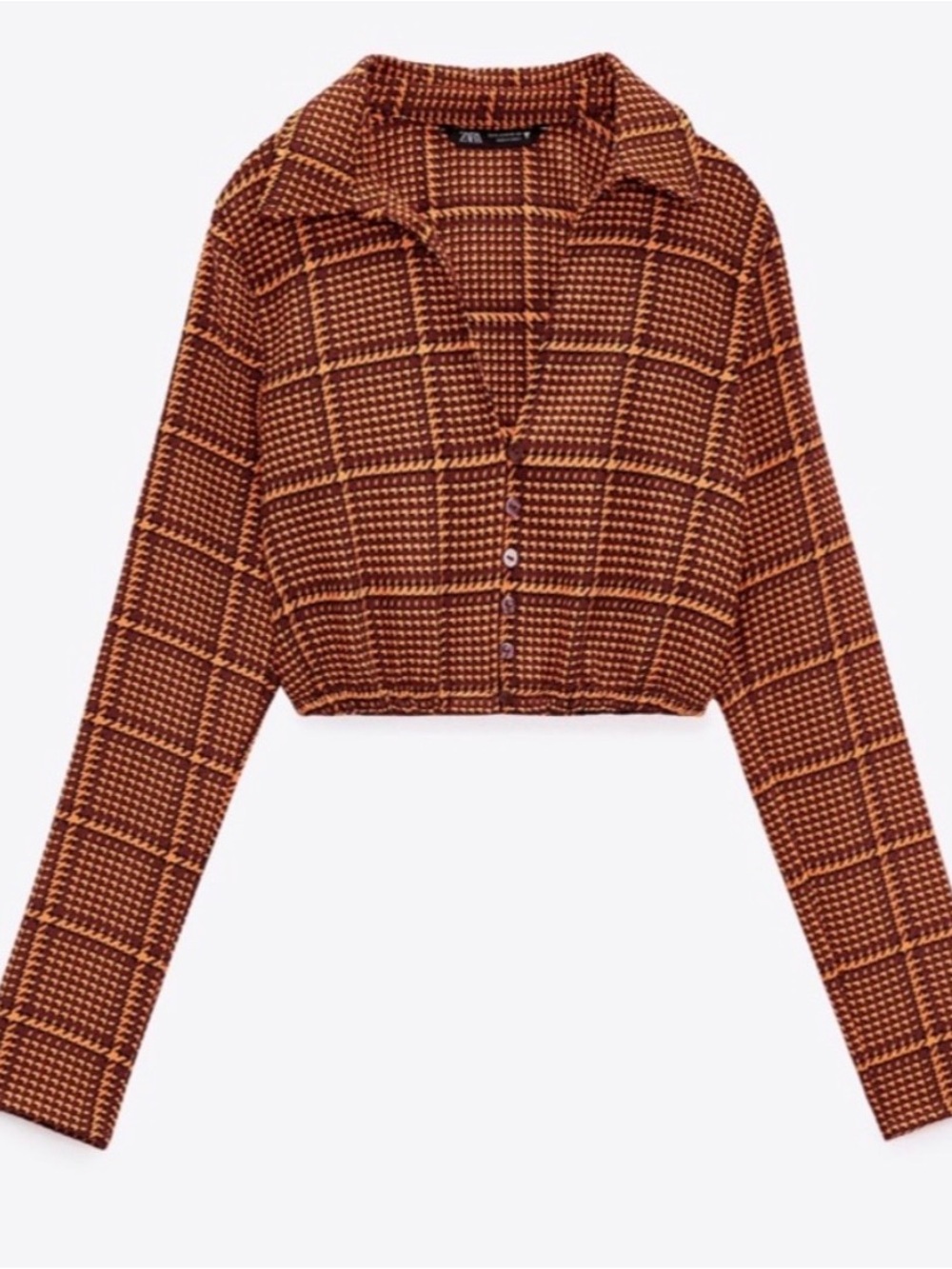 Zara Womens Houndstooth Long Sleeve Cropped Button Down Shirt Size Sm